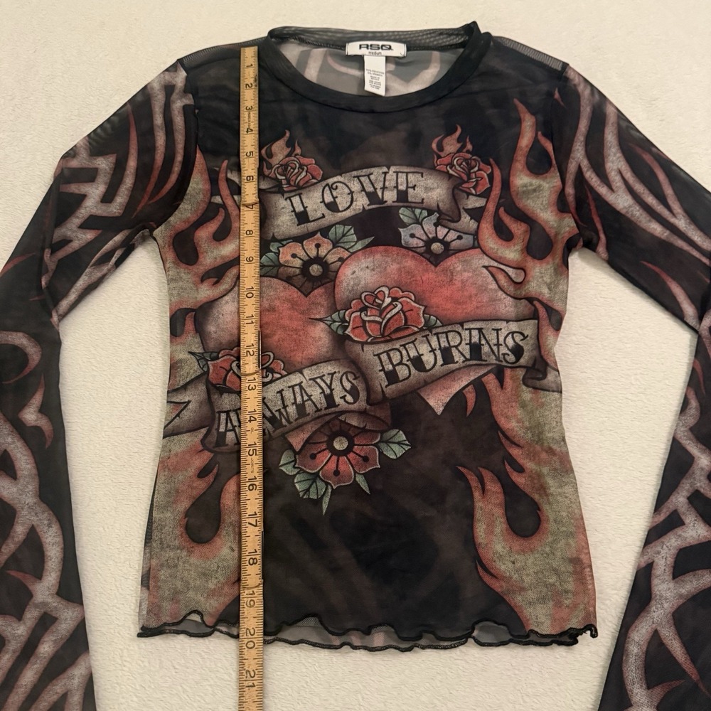RSQ Black Tattoo Women Mesh Sheer Tee Top Love Always Burns Motorcycl Y2K Medium - Picture 6 of 11